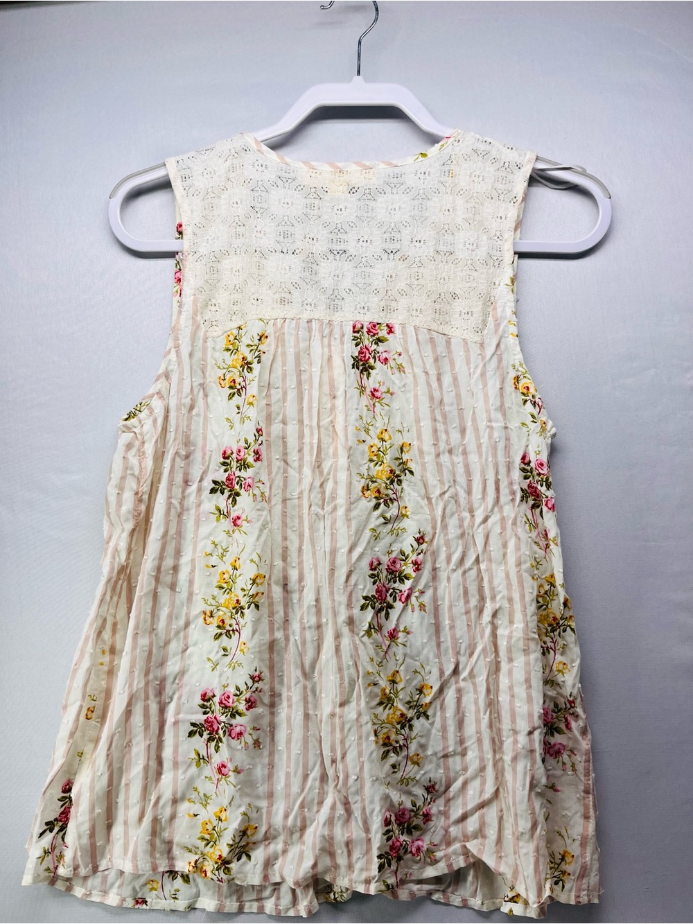 LoveStitch Cottage-core Cream Floral Stripe Bohemian Sleeveless Tunic - Picture 5 of 11